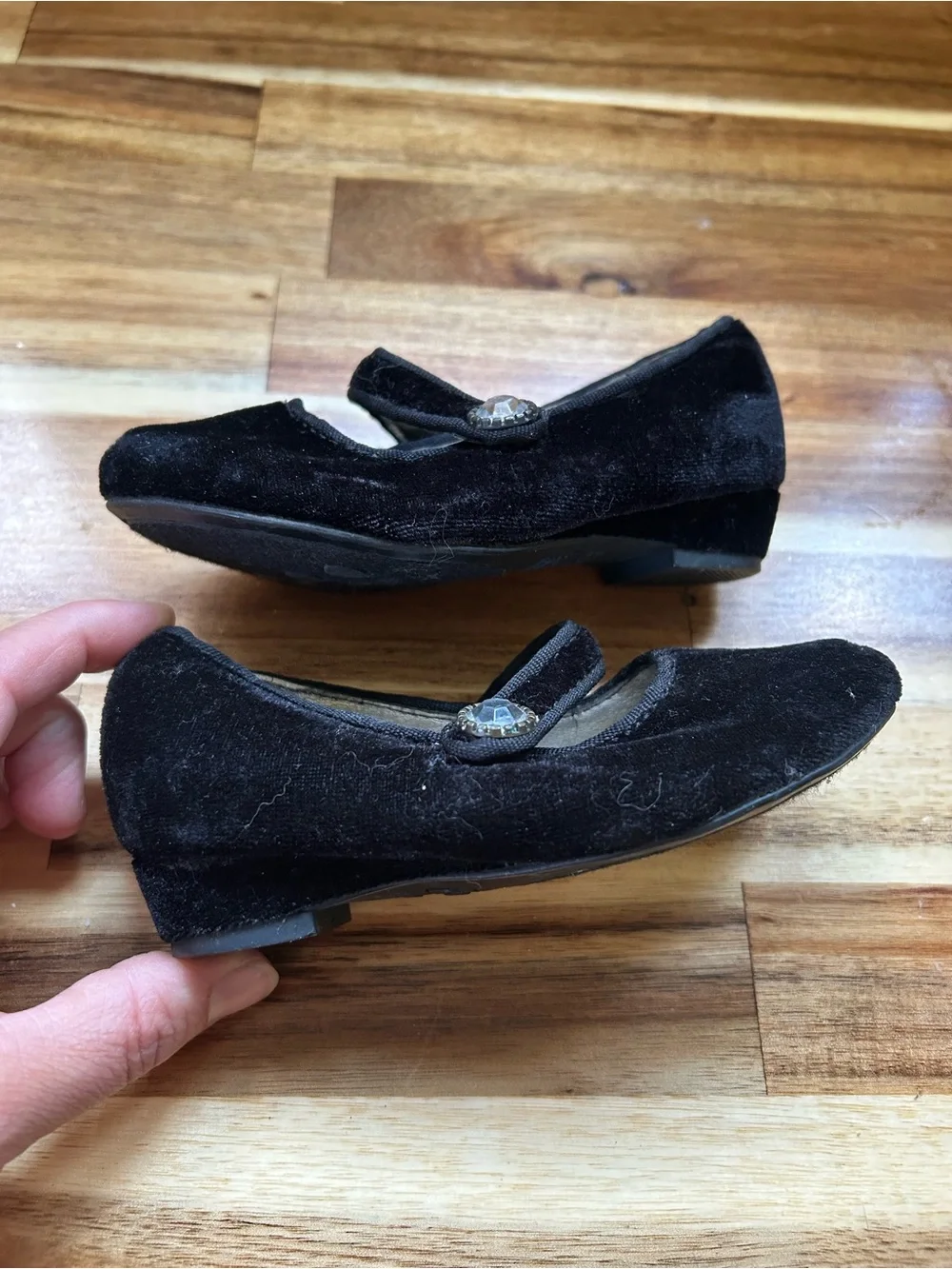 George Black Velvet Mary Jane Shoes with Gem Accent